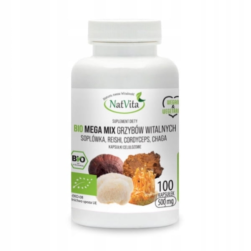 NatVita Grzyby Witalne BIO MEGAMIX 100kaps Reishi Cordyceps Chaga Hericium