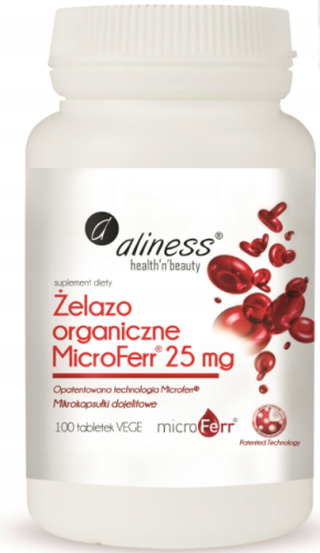 Aliness Żelazo Organiczne Witamina C Przyswajalne 25mg 100tabl